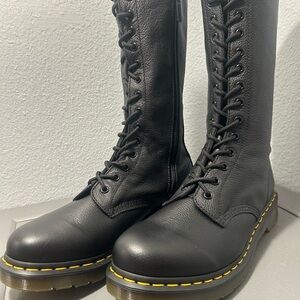 Dr. Martens 1899 Black Leather Knee-High Combat Boots with Yellow Stitching